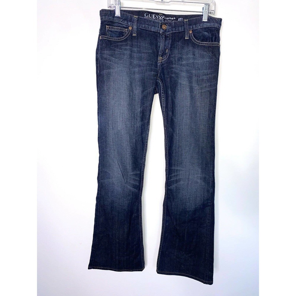 Guess Flare Leg Dark Wash Jeans Pocket Stitching Sipper Fly Size 28 !